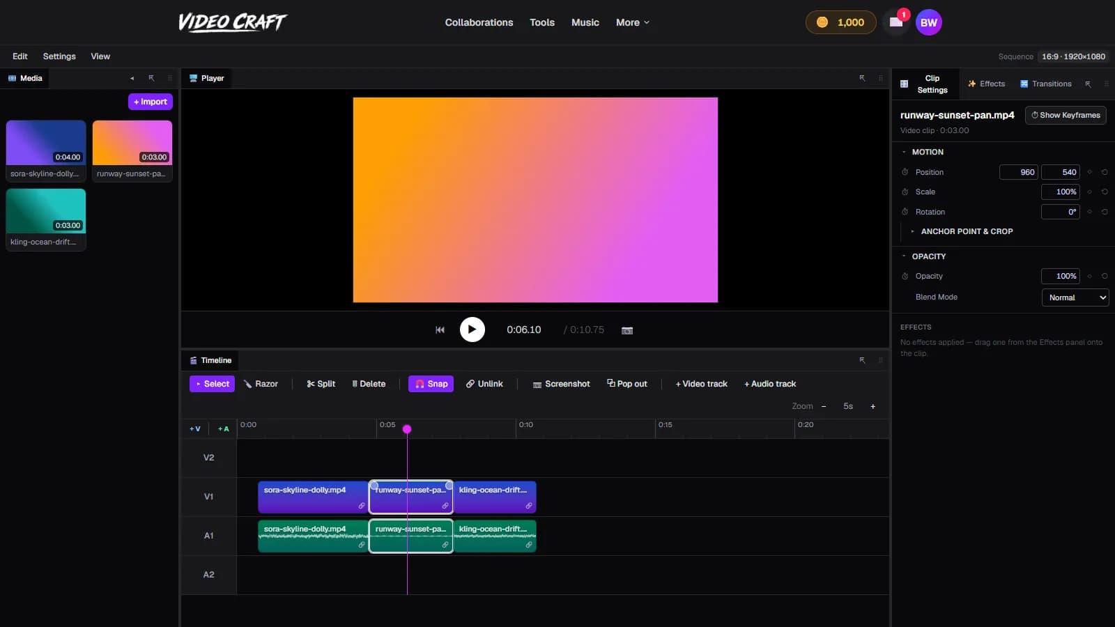 Three AI-generated clips assembled on the VideoCraft timeline with a clip selected and Motion controls open