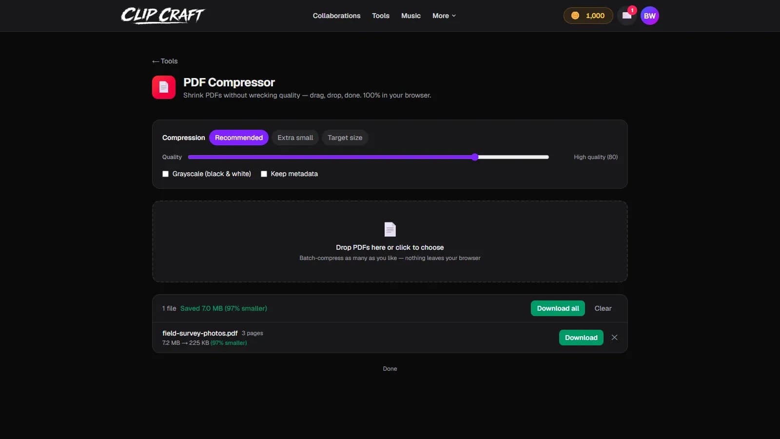 ClipCraft's PDF Compressor showing a 7.2 MB PDF reduced to 225 KB, 97% smaller