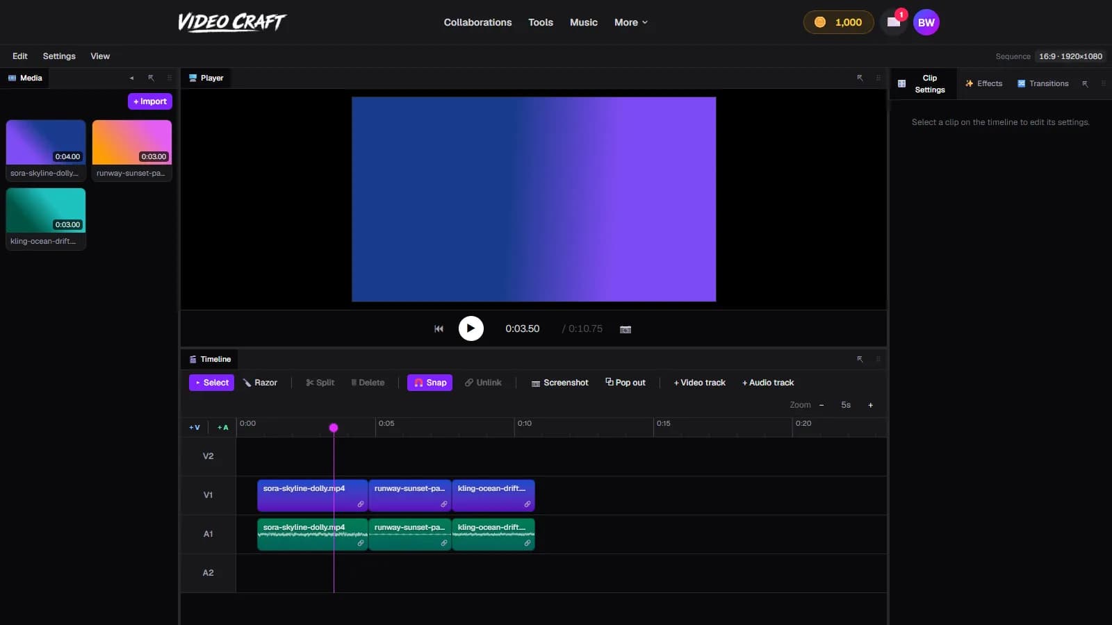 Three AI-generated clips arranged on the VideoCraft timeline with linked audio tracks and the Player showing a frame