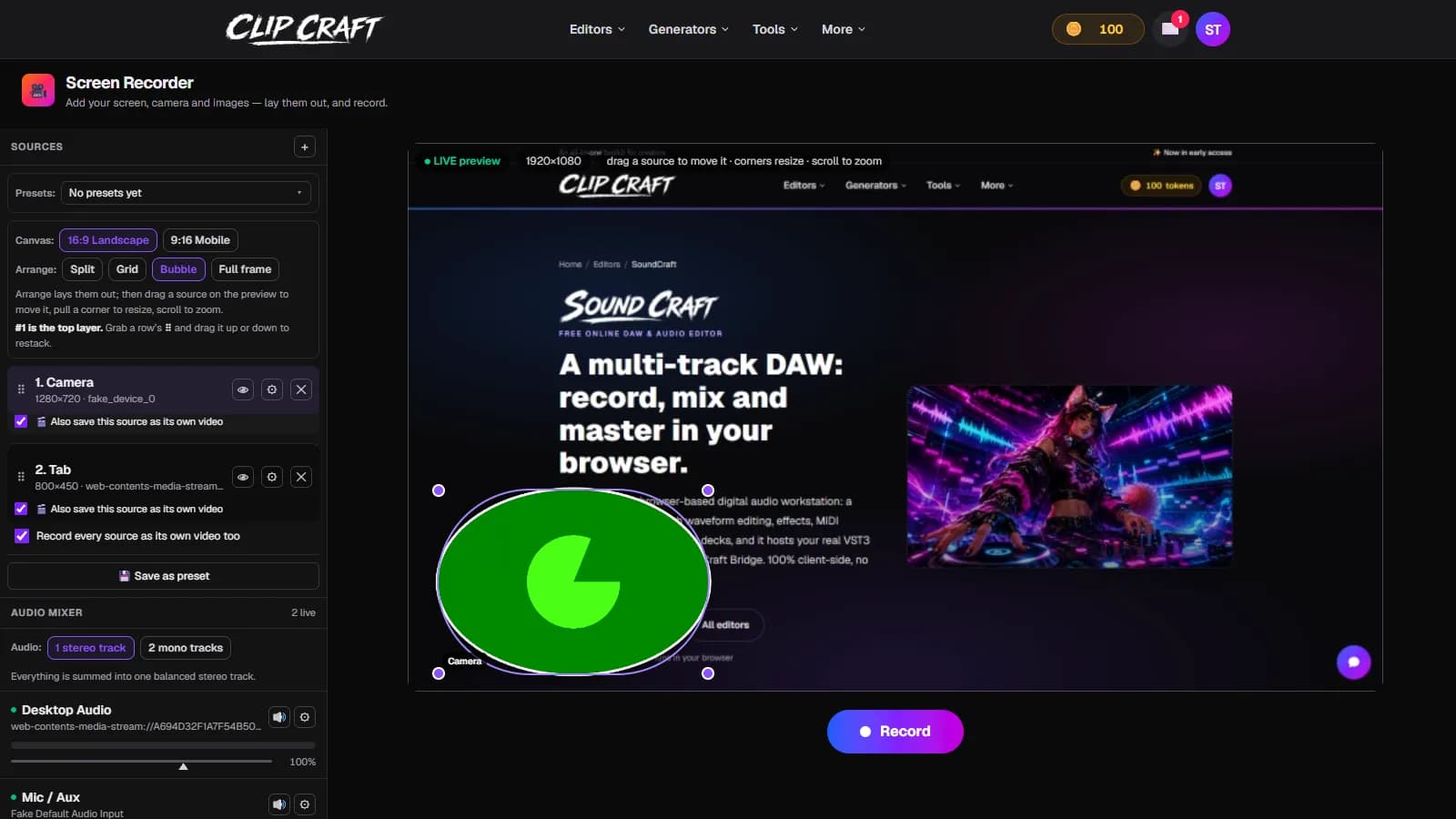 ClipCraft's free online screen recorder capturing a browser tab live, with a round camera bubble and an audio mixer