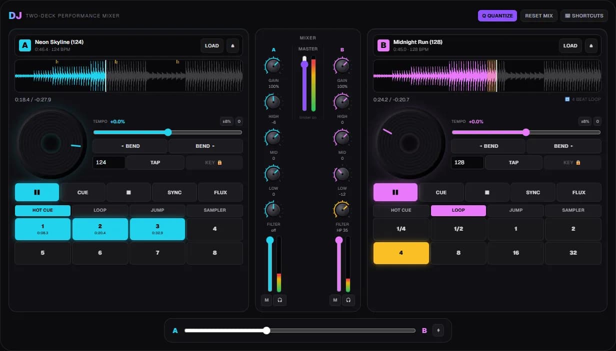 ClipCraft's free online DJ mixer with tracks loaded on both decks, hot cues set, a 4-beat loop running and the crossfader mid-blend