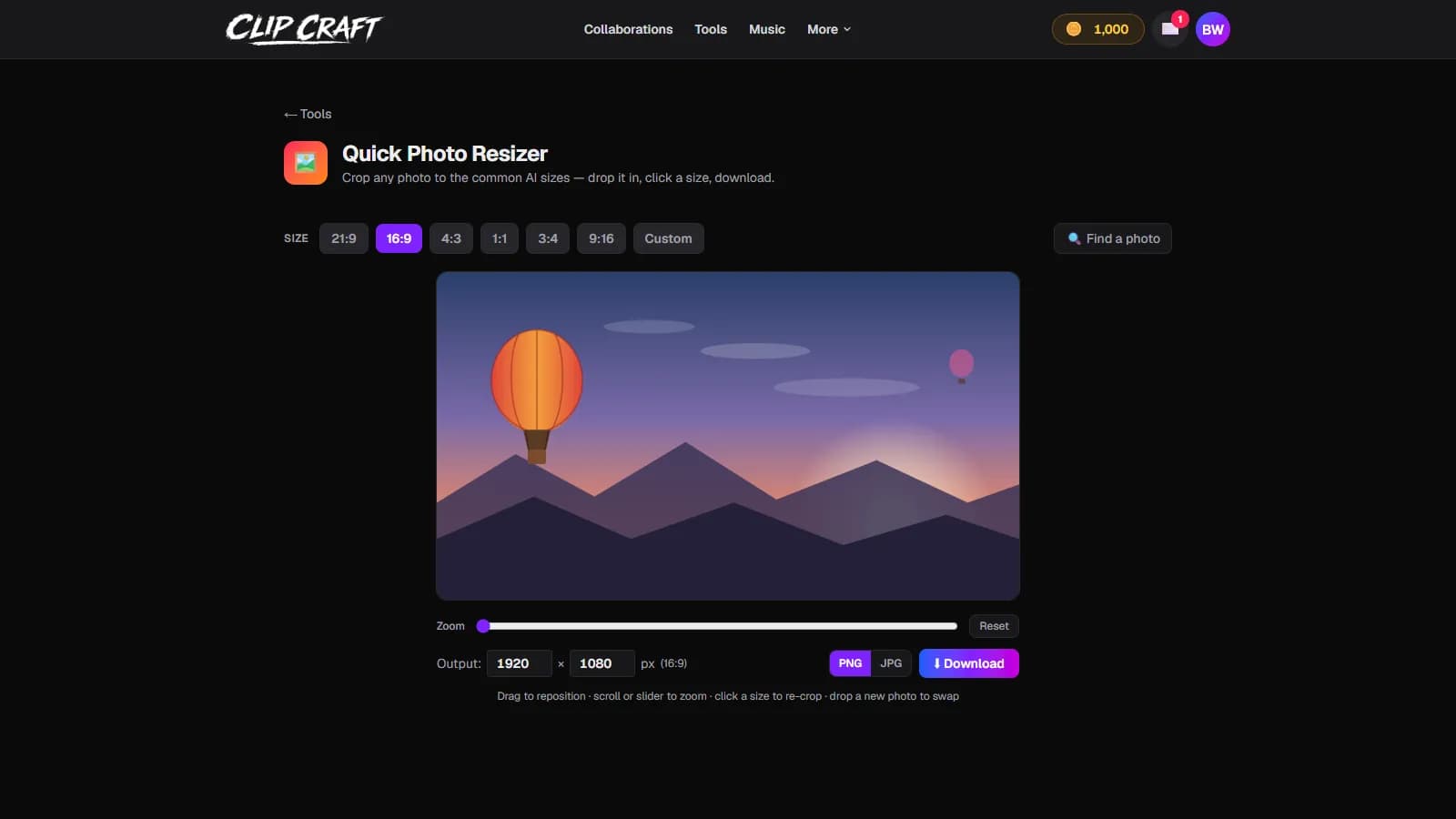ClipCraft's Quick Photo Resizer with a photo loaded, showing the row of AI aspect ratio presets and a 16:9 crop