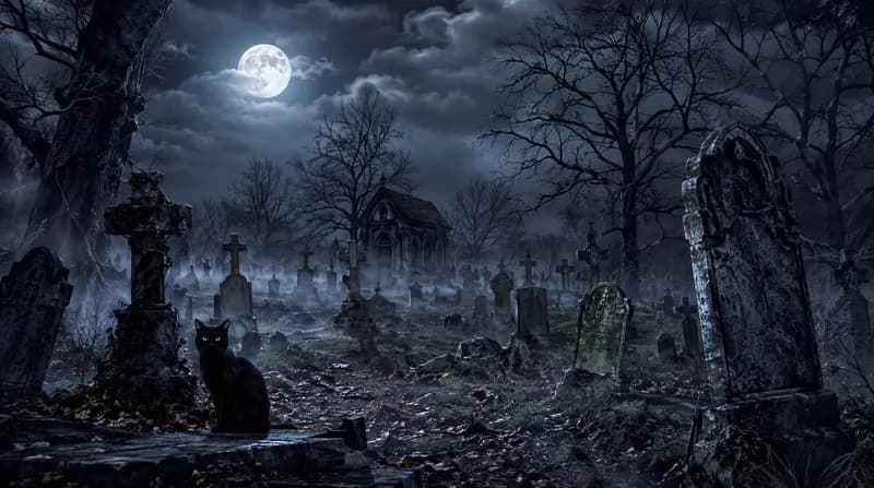 Black Cat Graveyard Black cat sitting in a foggy gothic graveyard with crypt, tombstones and a glowing full moon