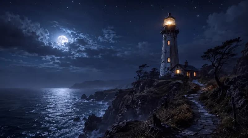Lighthouse Cat Black cat on a rocky coastal path leading to a moonlit lighthouse above a dark ocean