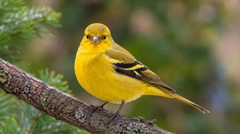 Yellow Songbird Bright yellow songbird perched on a mossy lichen-covered branch against soft green bokeh