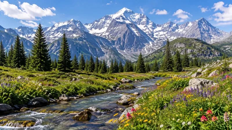 Alpine Stream Clear alpine stream flowing through a wildflower meadow beneath snowcapped mountain peaks