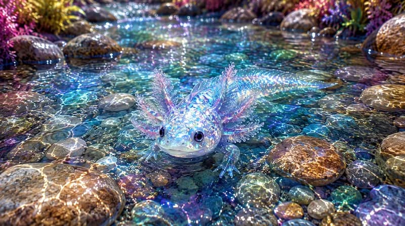 Rainbow Axolotl Iridescent rainbow-colored axolotl swimming in a crystal clear forest stream among smooth stones