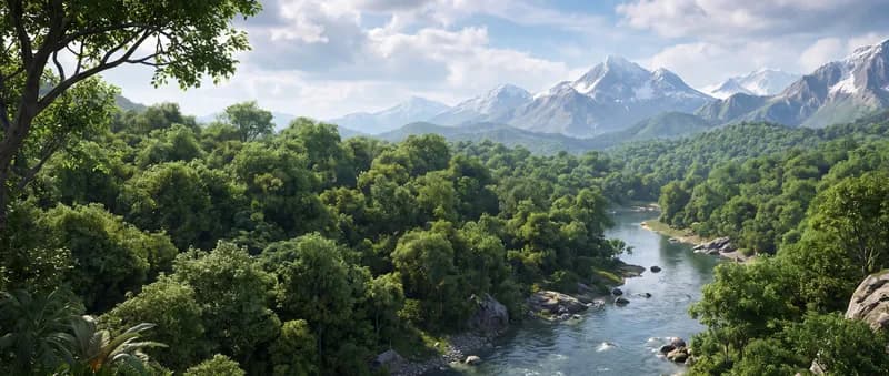 Rainforest Valley Lush green rainforest valley with a winding river and distant snowcapped mountains