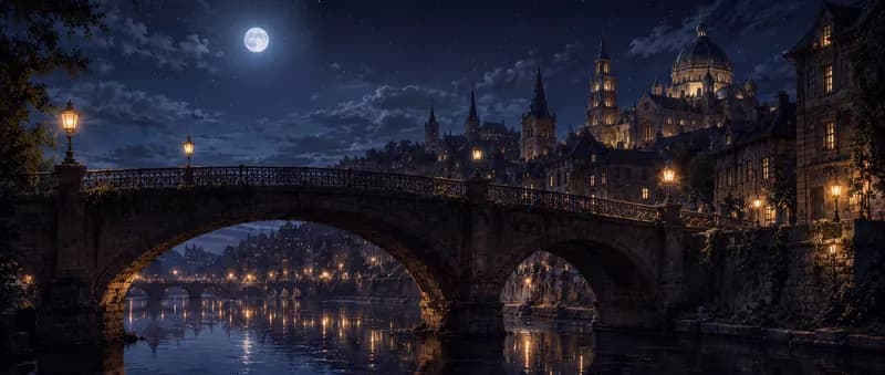 Gothic Castle City Moonlit gothic castle city rising over a lamp-lit stone bridge and a reflective river