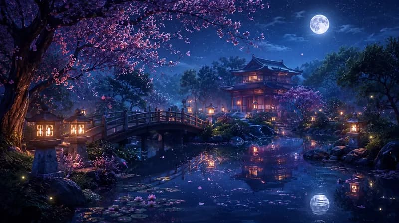 Moonlit Japanese Garden Moonlit Japanese garden with cherry blossoms, an arched bridge, a pagoda and still water reflections