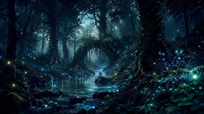 Bioluminescent Forest Mystical blue bioluminescent forest with a moonlit stream and glowing plants