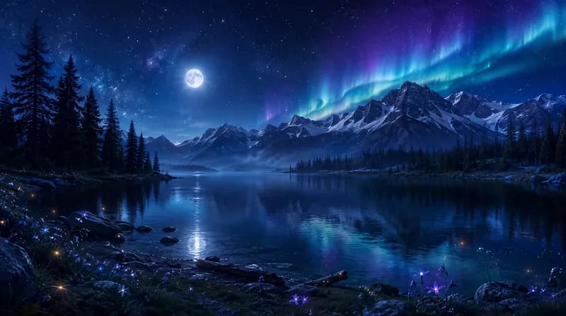 Northern Lights Lake Northern lights over a moonlit alpine lake with pine forest and purple wildflowers on the shore