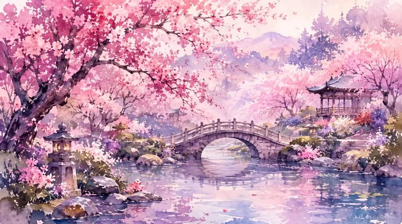 Cherry Blossom Garden Pastel pink Japanese cherry blossom garden with a stone bridge, pagoda and mountains behind