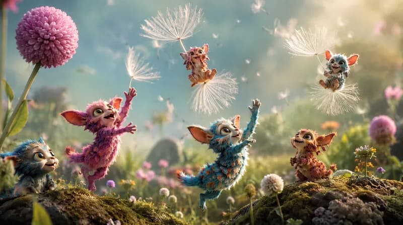 Dandelion Riders Playful colorful fluffy fantasy creatures riding dandelion seeds over a sunny flower meadow