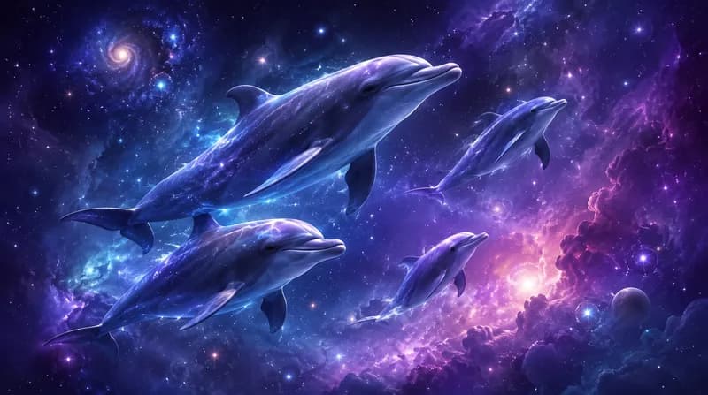 Galaxy Dolphins Pod of dolphins swimming through a vibrant purple and blue galaxy nebula