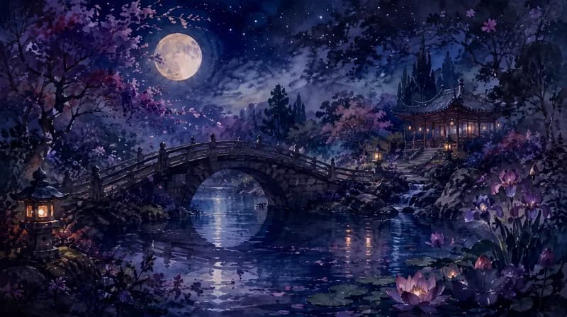 Purple Zen Garden Purple moonlit Japanese garden with a stone bridge, lotus pond and glowing lanterns