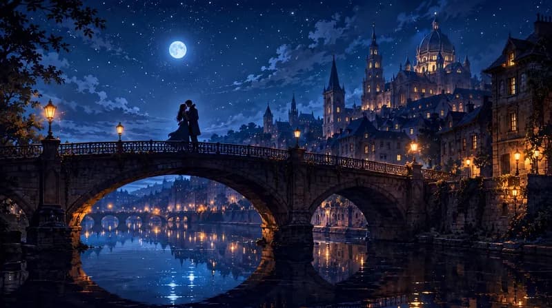 Castle Bridge Kiss Romantic couple kissing on a lamp-lit stone bridge below a moonlit gothic castle city