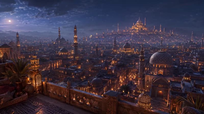 Ottoman Blue Hour Sprawling historic Ottoman city with glowing mosques, domes and minarets at blue hour
