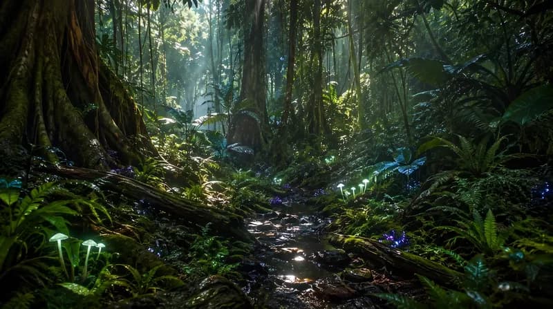 Glowing Mushroom Stream Sunlit ancient rainforest stream with giant tree roots and glowing mushrooms on the banks