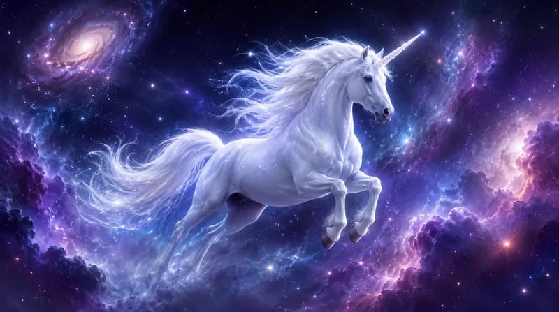 Cosmic Unicorn White unicorn galloping through a purple cosmic nebula and glowing field of stars