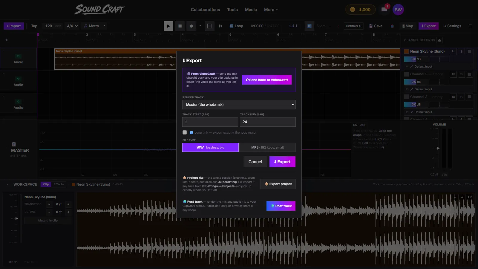SoundCraft's export dialog with the From VideoCraft panel and the Send back to VideoCraft button