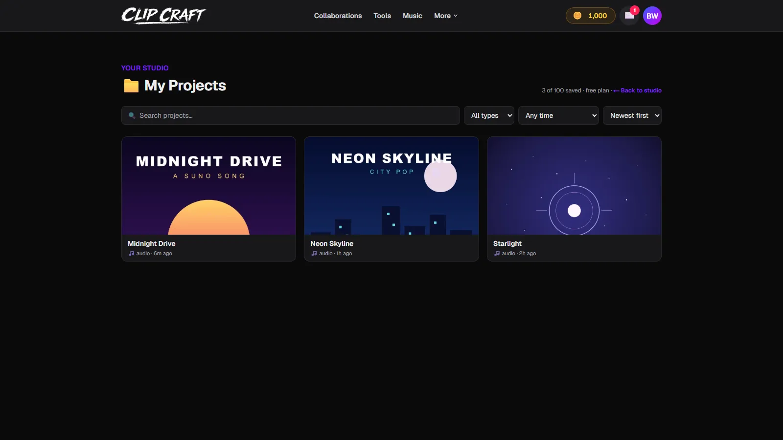 ClipCraft's My Projects page showing three songs, each with square cover art on its card