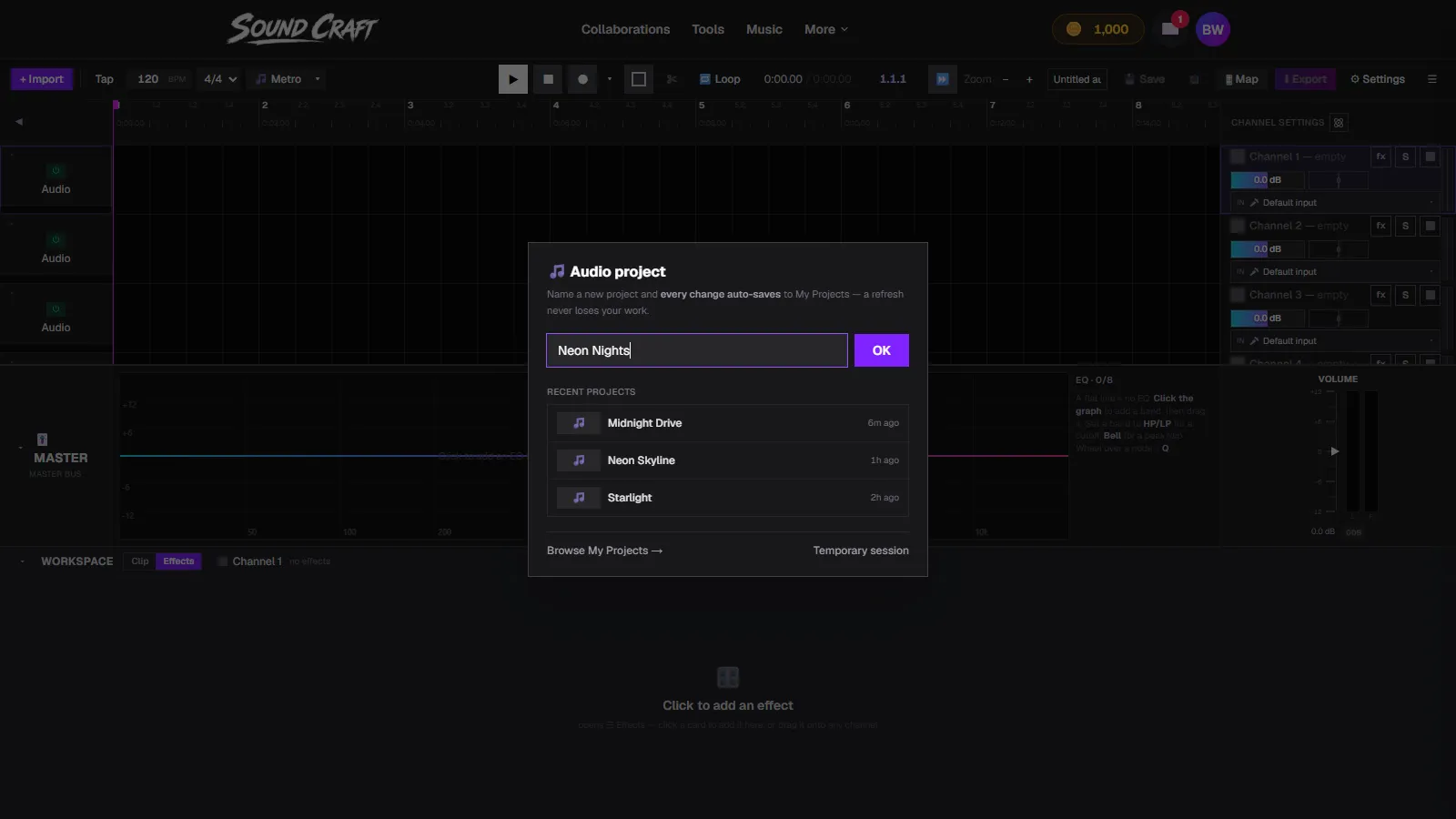 SoundCraft's project entry modal with a new song name typed in and recent projects listed below