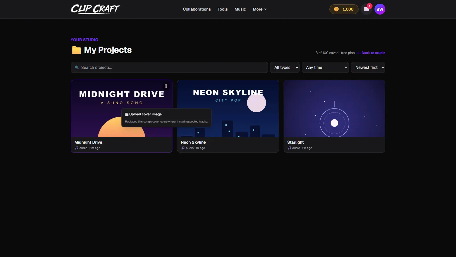 Right-clicking a song card in ClipCraft opens a menu with an Upload cover image option
