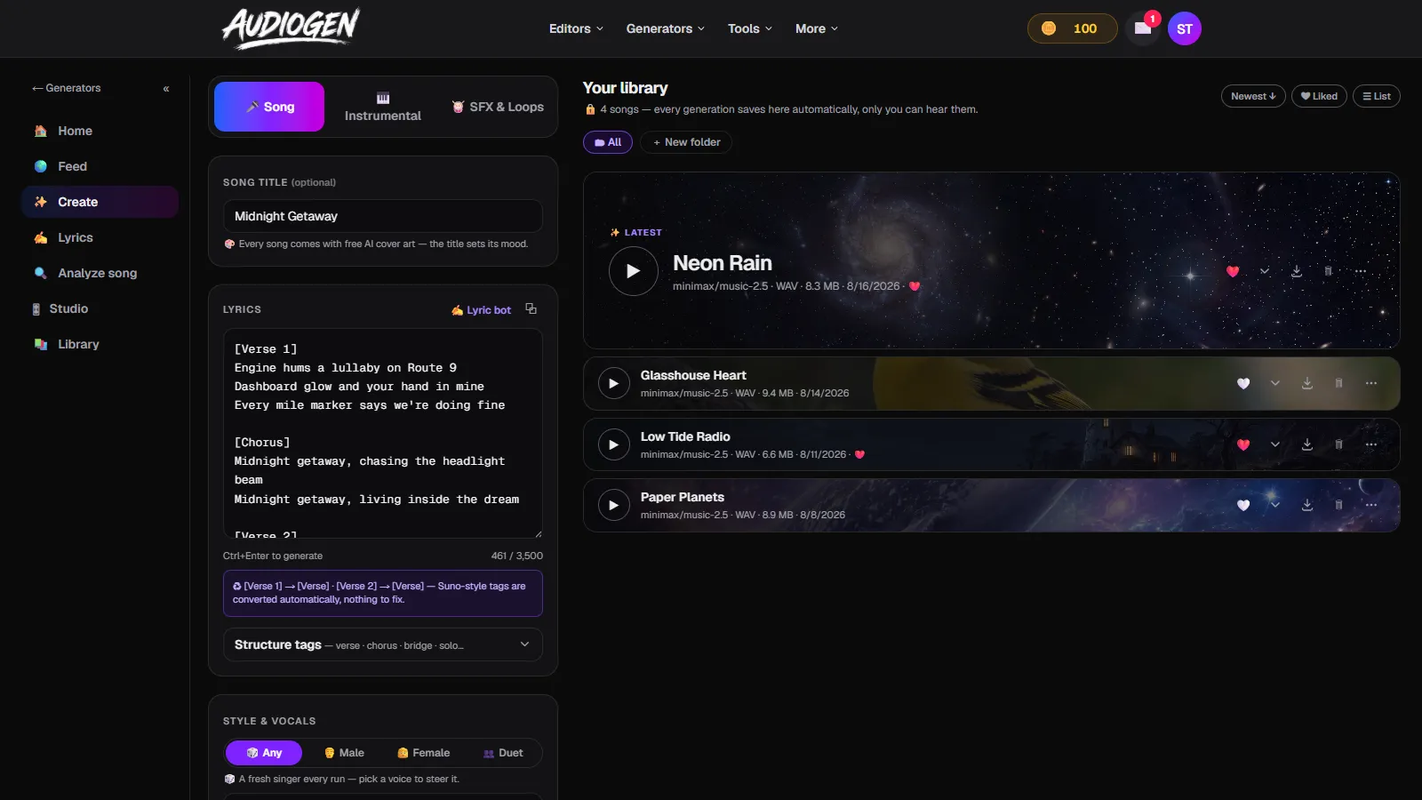 AudioGen's create page with a song titled Midnight Getaway, a tagged lyric sheet at 461 of 3,500 characters, and a synthpop style prompt