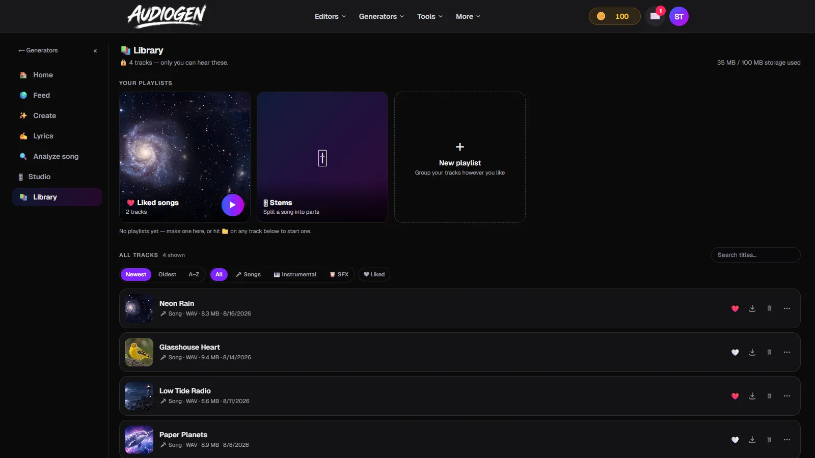 The AudioGen library with four finished AI songs, each showing WAV format, file size, and a download button