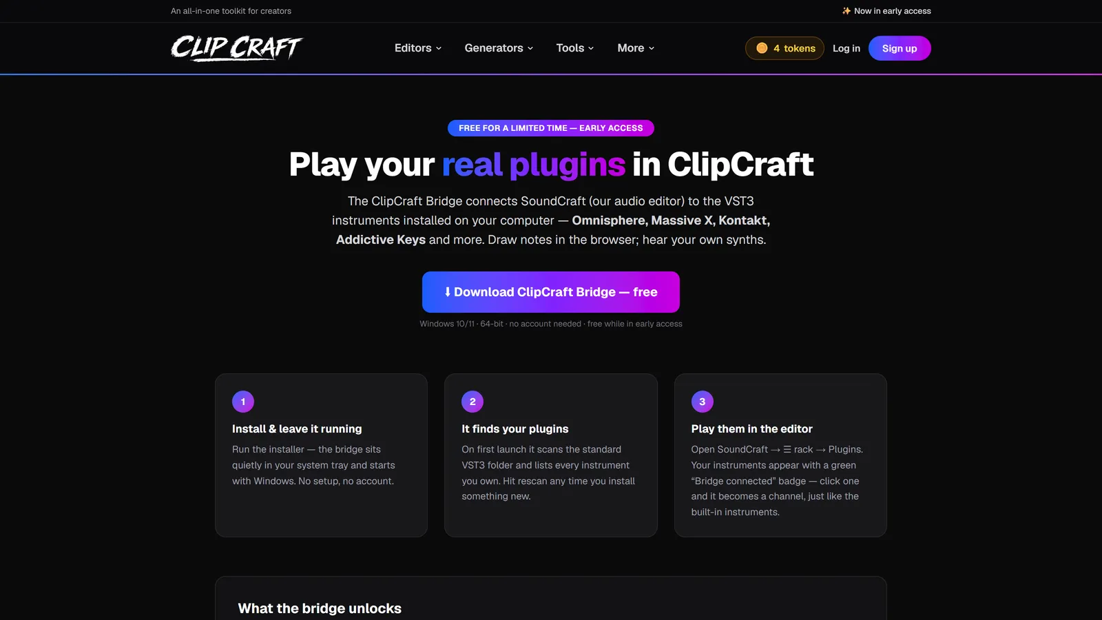 The ClipCraft Bridge download page describing the free Windows companion app that hosts VST3 plugins