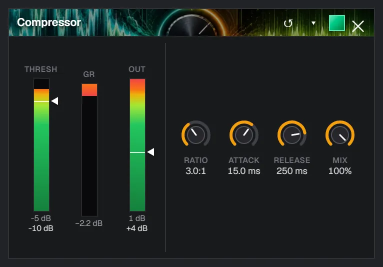 A vocal compression setting in SoundCraft: threshold -10 dB, ratio 3.0:1, attack 15 ms, release 250 ms, +4 dB makeup gain, with 2.2 dB of gain reduction showing