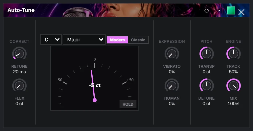 Close-up of the free online Auto-Tune panel showing the correction gauge reading -5 cents, retune speed, and expression controls