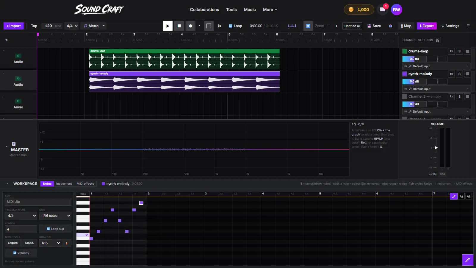 SoundCraft's piano roll with an eight-note pattern drawn, grid and quantize settings on the left