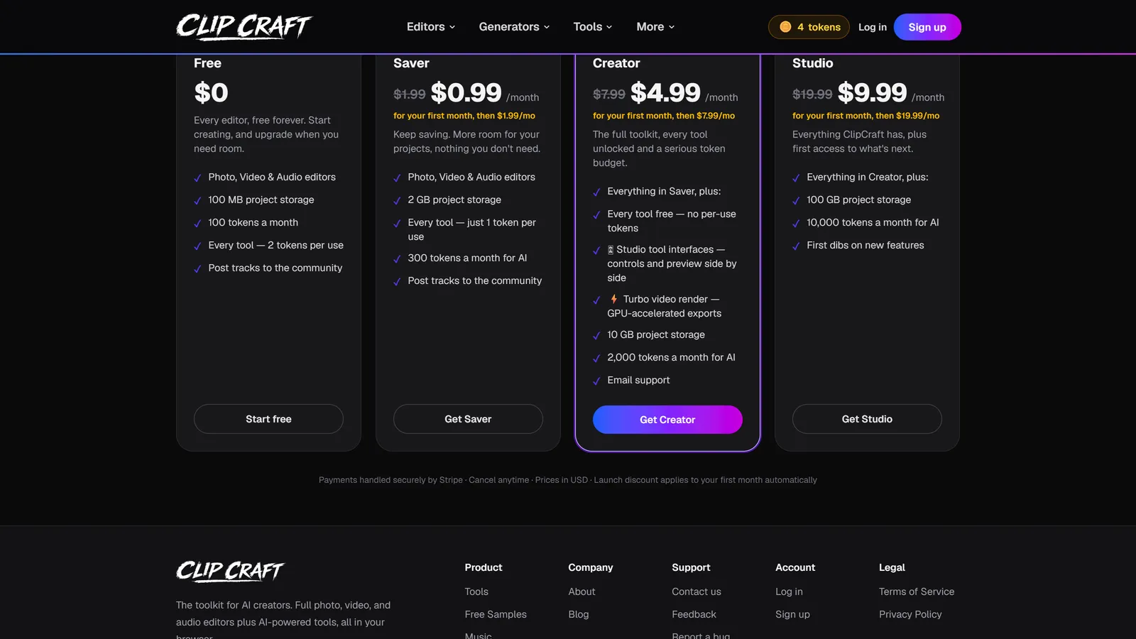 The ClipCraft pricing page showing the Free, Saver, Creator and Studio plans with storage and token allowances