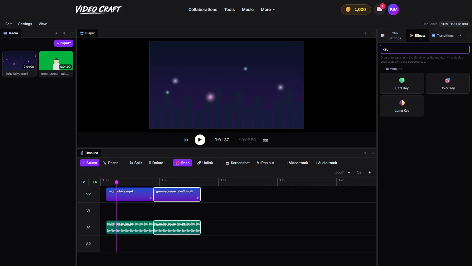 The VideoCraft effects panel with chroma key applied to a green screen clip, showing key controls