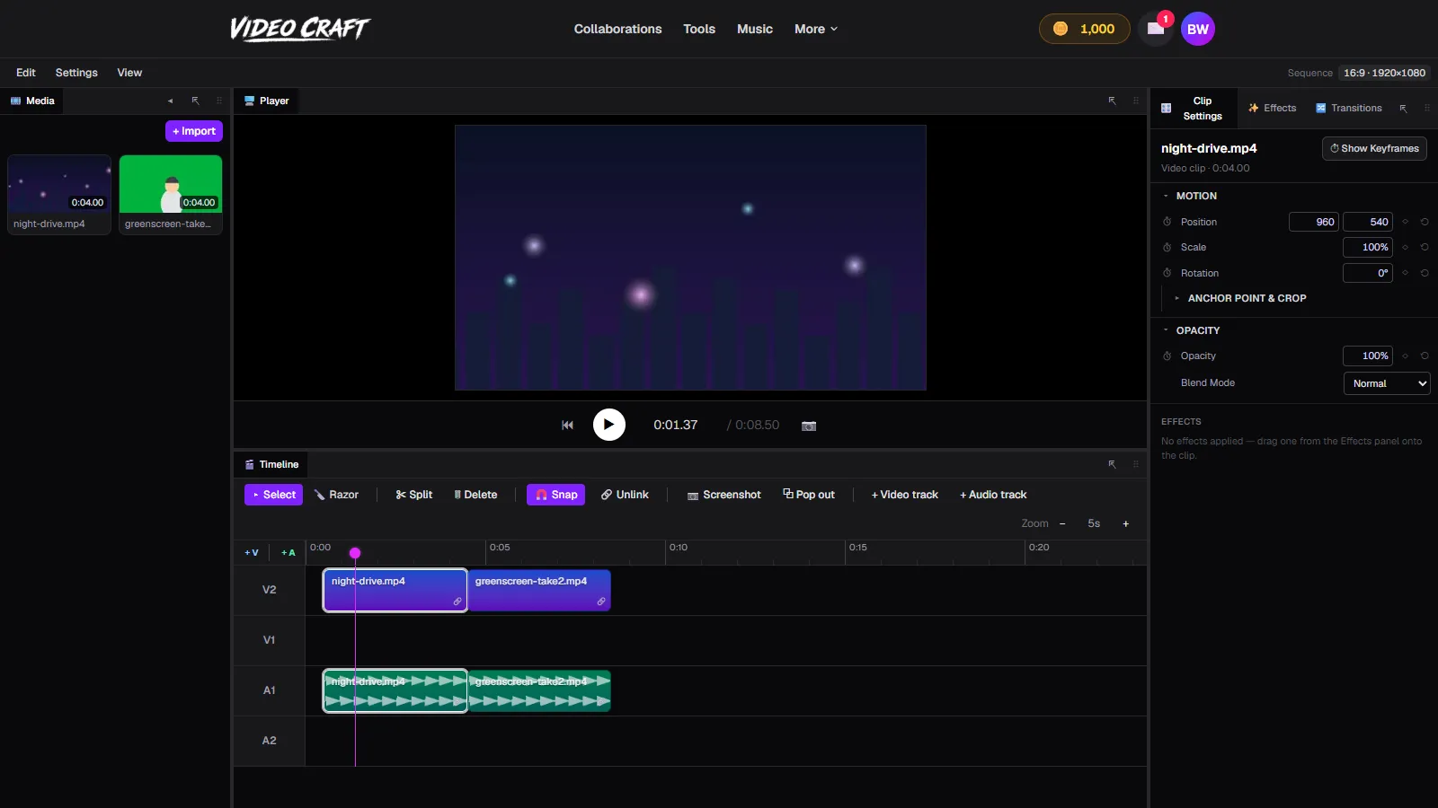 The VideoCraft timeline with two video clips, linked audio tracks, and the clip settings panel showing motion and opacity