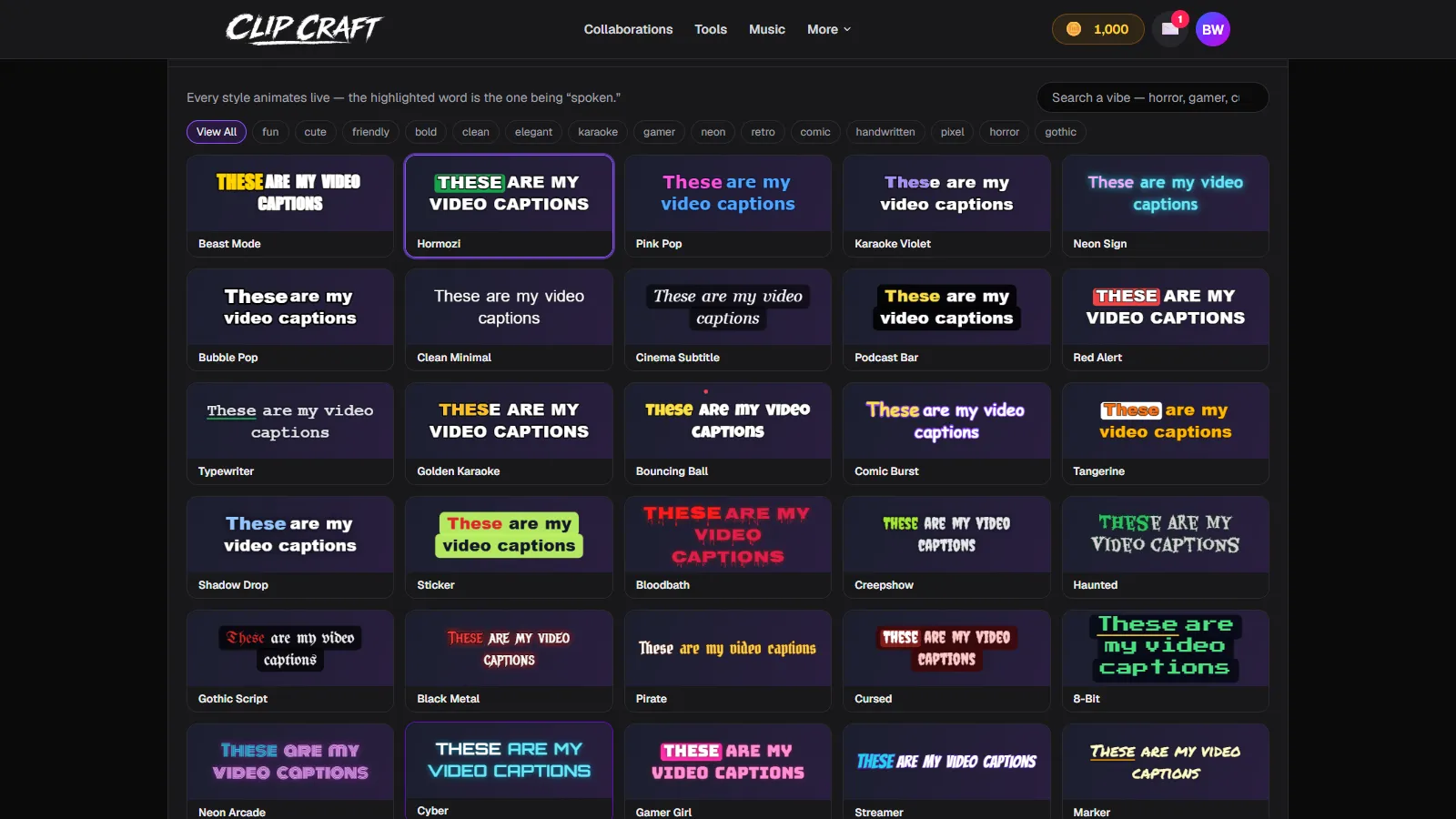 The video captions style gallery with animated caption presets including karaoke, neon and bold styles