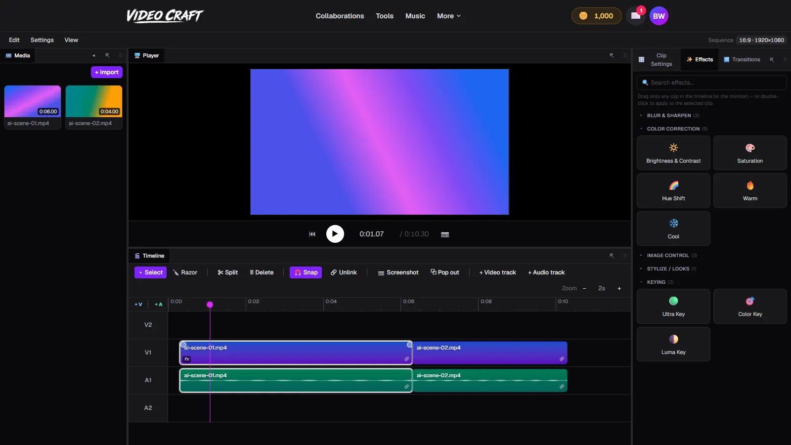 The VideoCraft GPU effects panel with keying controls applied to a clip