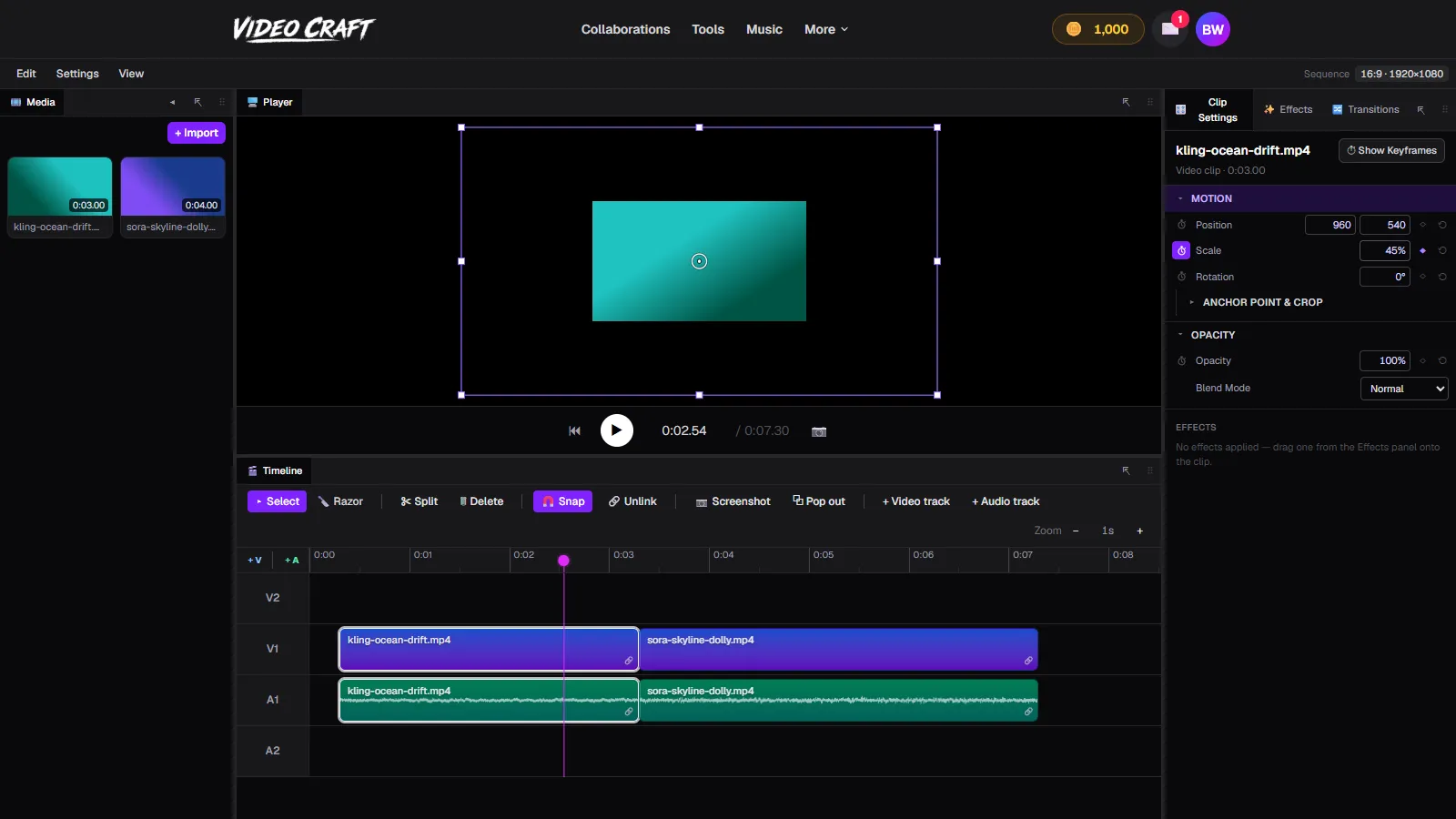 Keyframe animation in VideoCraft with the keyframe editor panel open showing diamond markers across parameter lanes