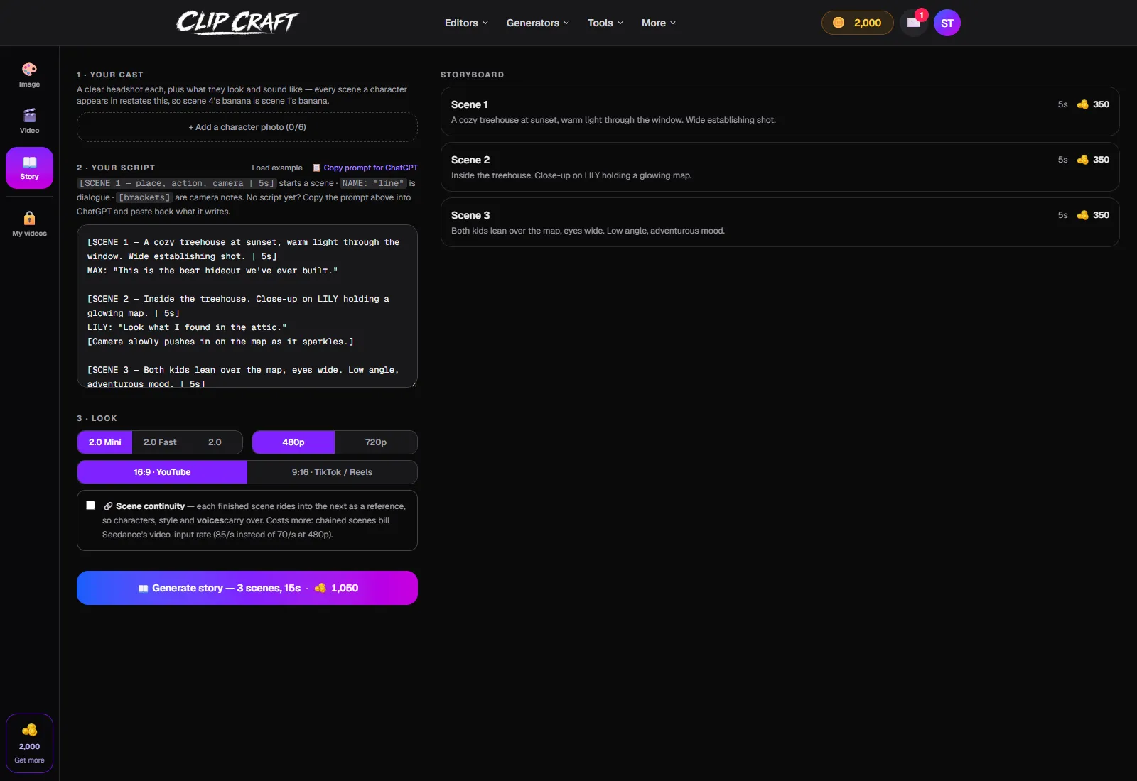 Story Mode with the cast section, a three-scene bracket script, storyboard cards with per-scene costs and the continuity toggle