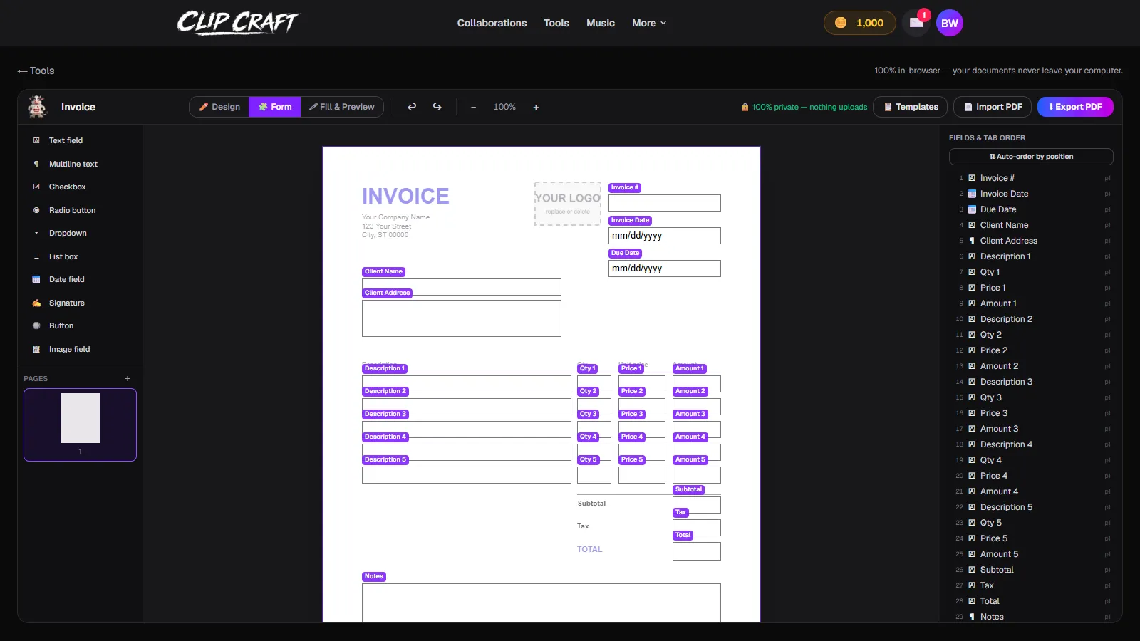 An invoice template loaded in Form mode with named field badges and a tab order panel on the right