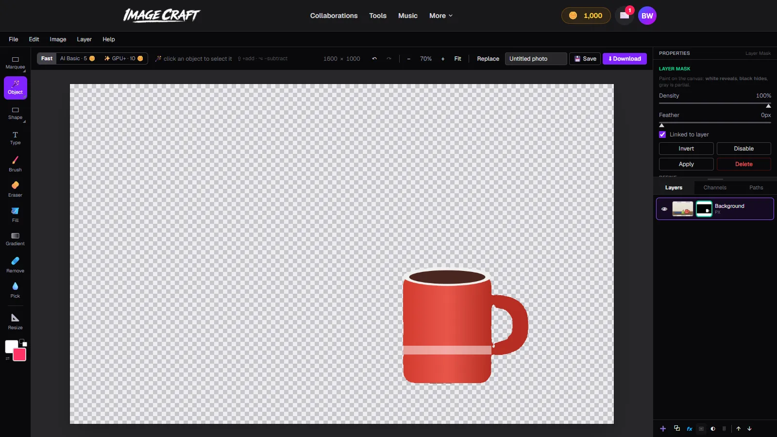 The cut out mug isolated on a transparent background in ImageCraft, with the layer mask properties panel showing Density and Feather sliders