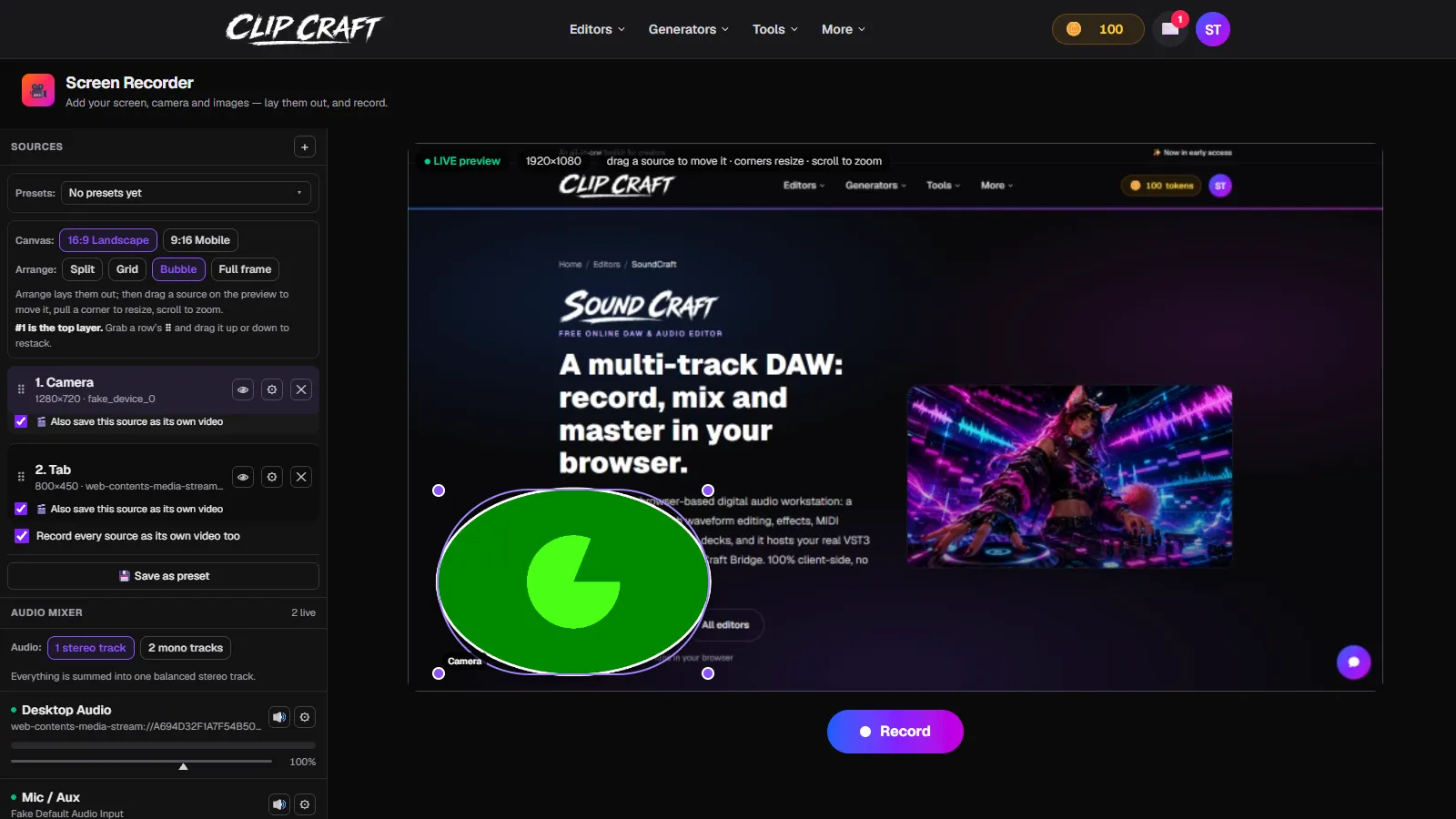 The ClipCraft Screen Recorder stage with the sources panel and audio mixer below the live preview