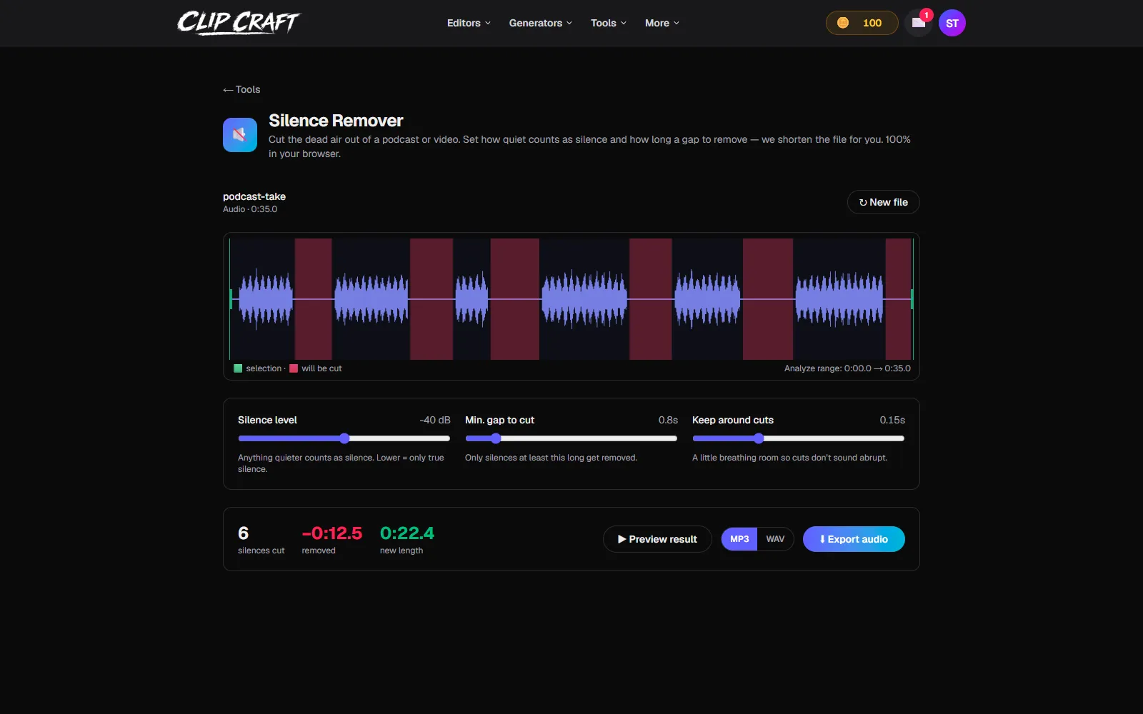The Silence Remover showing a 35-second podcast take with six silences shaded red, sliders set to -40 dB, 0.8 second gap and 0.15 second padding