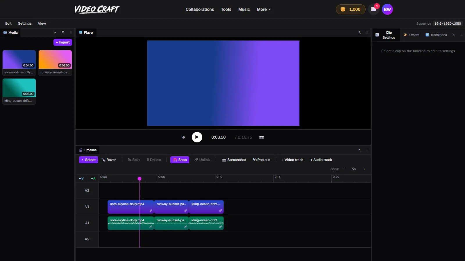 Three AI-generated clips laid back-to-back on the VideoCraft timeline with linked audio clips and waveforms