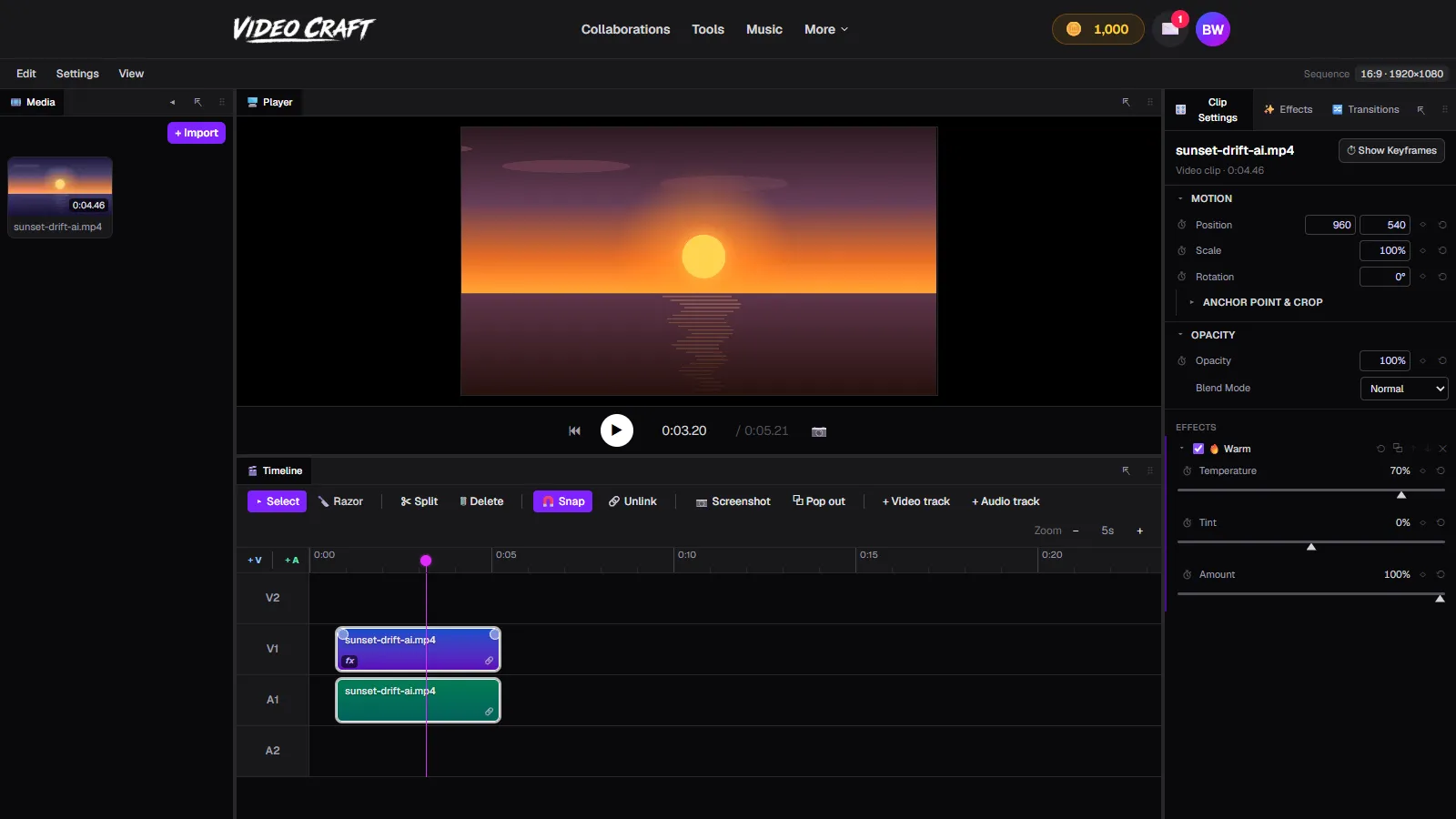 The same sunset frame with a Warm effect applied, Temperature raised to 70% in VideoCraft's Clip Settings