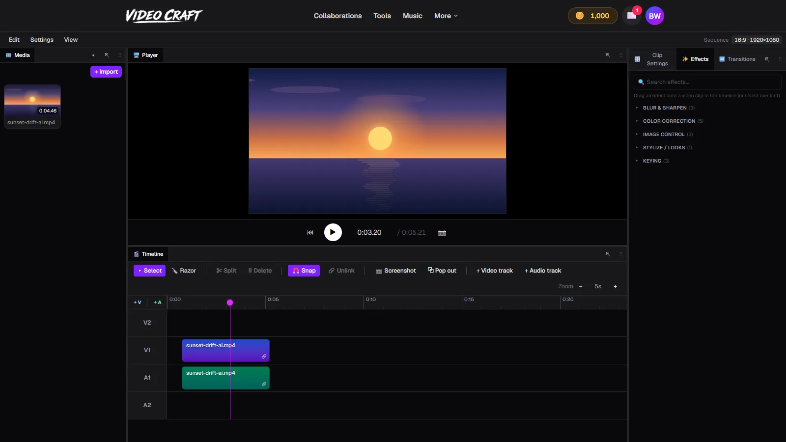 A sunset video clip loaded in VideoCraft with the playhead parked at 0:03.20 and the frame showing in the Player