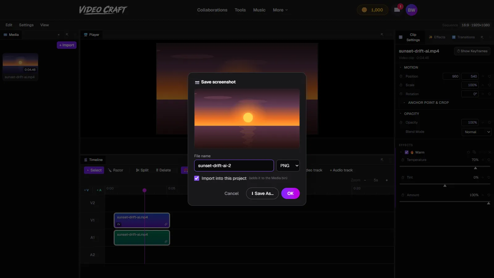 VideoCraft's screenshot dialog previewing the warm-graded sunset frame before saving
