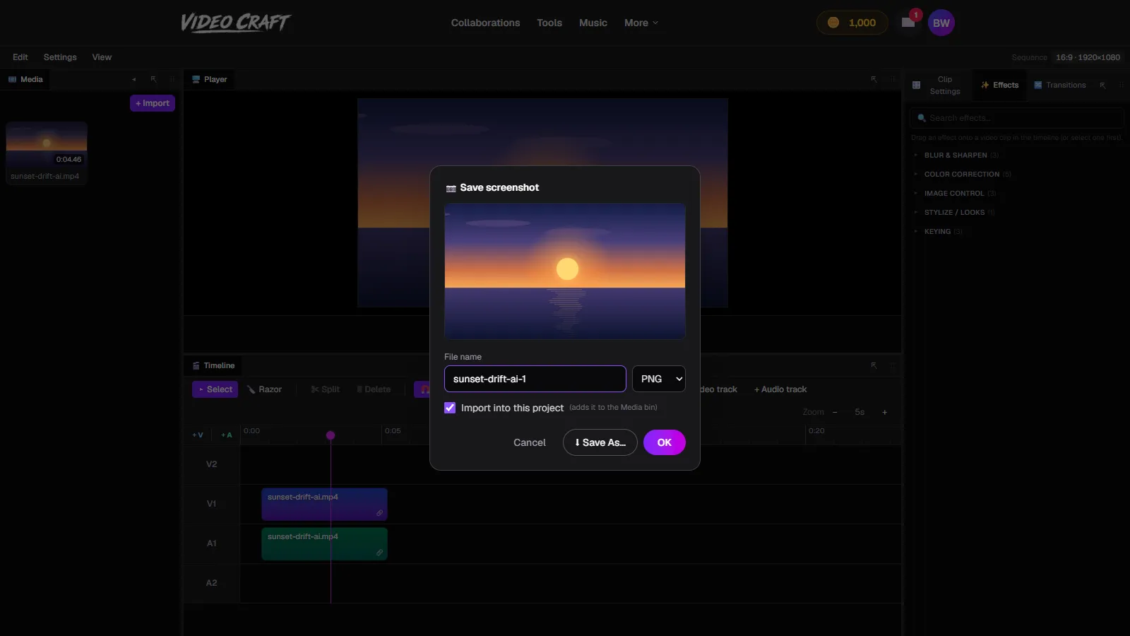 VideoCraft's Save screenshot dialog with a live frame preview, file name field, PNG format dropdown and an import checkbox